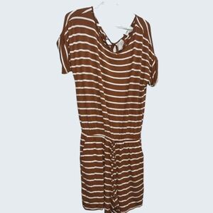 Zenana Striped Short Sleeve Romper Rust Brown White XL